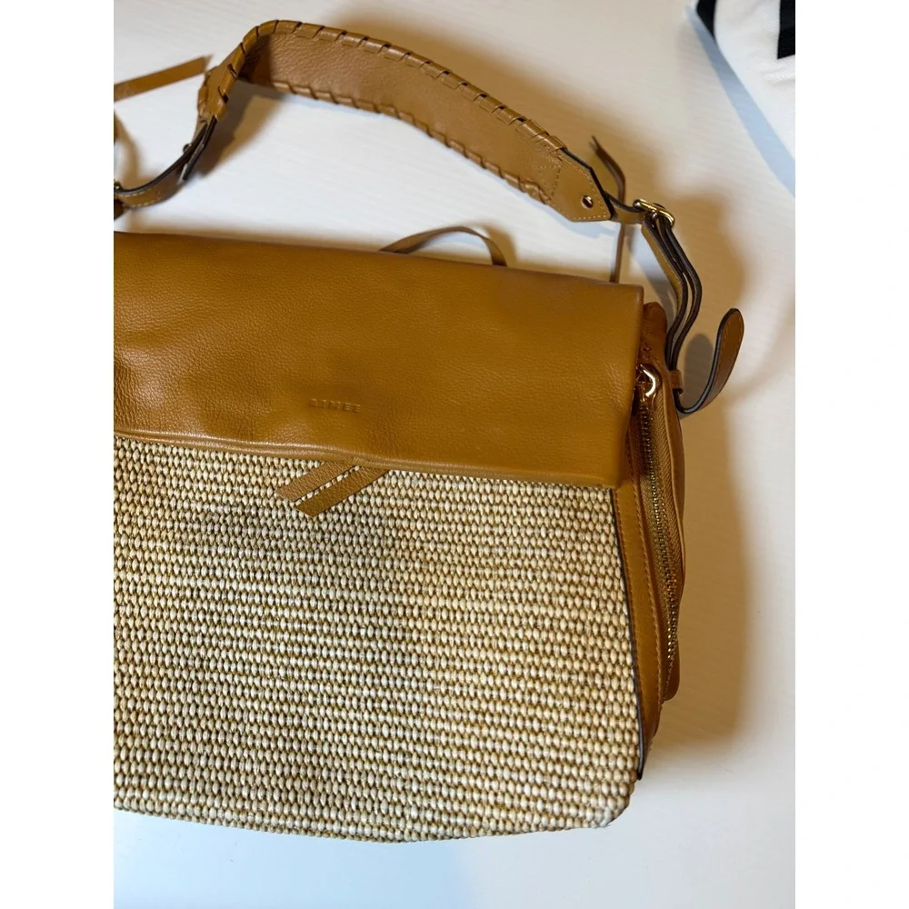 Aimee Kestenberg Bali Double Entry Leather Hobo Bag Raffia Latte Tan Brown OS